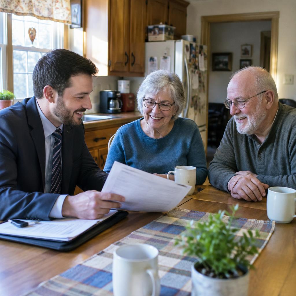 Friendly insurance agent reviewing paperwork with a senior couple at their kitchen table